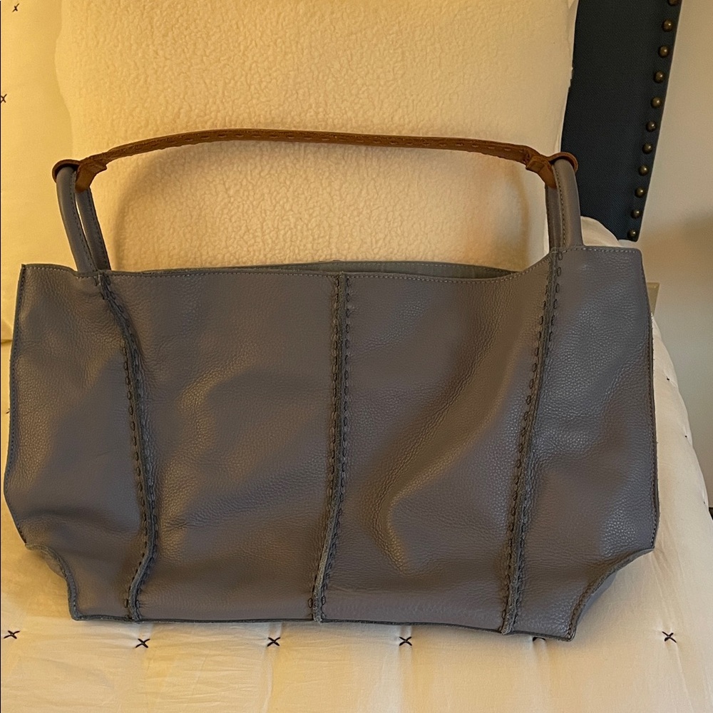 the sak Los Feliz medium Leather Tote Bag Maritime Blue with Brown Handle